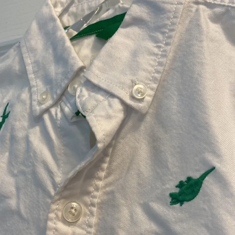 Mini Boden White Button Down Embroidered Dinosaur Shirt
